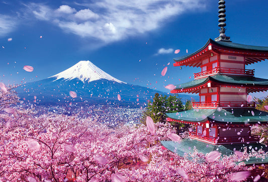 富士と桜舞う浅間神社