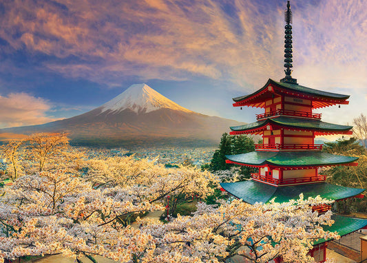 夕桜に染まる富士と浅間神社